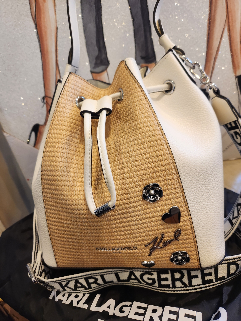 Karl Lagerfeld White & Natural Woven Drawstring Bucket Bag W Charms NWT - Picture 2 of 14